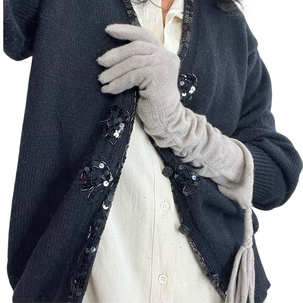 Grey Beige knit elbow length ruched tassel long gloves arm warmers